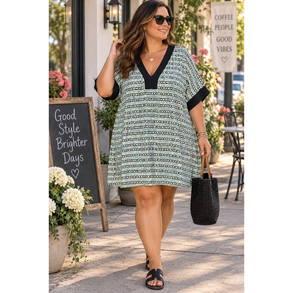 Ellen Tracy Womens XL Geometric Ikat Print V-Neck Tunic Top Mint Green Black